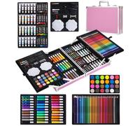 SOBEAU Valigetta Colori per Bambini, 144 Pezzi Kit Pittura, Matite Colorate Pastelli a Cera Acquerelli Pastelli a Olio, Set Colori Valigetta Disegno per Bambini Adulta,Rosa