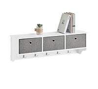 SoBuy Appendini da muro con 5 ganci 100x20x31cm per ingresso | Portachiavi e appendiabiti con 3 cestini pieghevoli in tessuto, MDF FSC, carico 15kg, elegante bianco FRG282-W