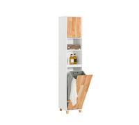 SoBuy Mobile Alto per Bagno - Colonna da Bagno Salvaspazio con Cesto Portabiancheria Pieghevole, Stretto Mobiletto in Legno Resistente all’Umidità, Bianco, 31x170x32 cm, BZR74-W