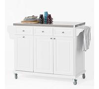 SoBuy Carrello Cucina con Ruote Isola Cucina con Piano di Lavoro in Acciaio Inossidabile, 3 Cassetti e Ripiani Regolabili Mobile Salvaspazio per Mobili da Cucina Bianco 133 x 48.5 x 95 cm FKW33-W