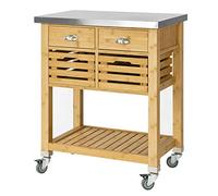 SoBuy carrello cucina con ruote - mobile cucina salvaspazio in bambù con piano in acciaio inox, 2 cassetti e 2 cestini credenza cucina compatta per isola cucina, soggiorno, terrazz 73x93x46cm FKW40-N