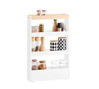 SoBuy Carrello Cucina Salvaspazio con Ruote 15cm Larghezza - Mobiletto Cucina Stretto con 3 Ripiani, Scaffale Portaoggetti per Bagno o Ufficio, Bianco ed Effetto Legno 80x15x50cm NSR12-W