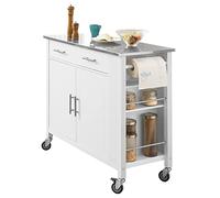 SoBuy Carrello da Cucina con Piano in Acciaio Inox, Isola da Cucina Multifunzionale con Ripiano Laterale, Credenza con Ruote, Mobile da Cucina con Design Compatto (Bianco) 107x46x94 cm FKW108-W