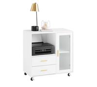 SoBuy Cassettiera da Ufficio con Ruote, Supporto Stampante, Organizer da Scrivania, Mobiletto Contenitore con 2 Cassetti e 1 Anta in Vetro, Bianco 75x40x76 cm ASK09-W