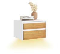 SoBuy Comodino camera da letto sospeso con lampada a sensore di movimento rimovibile e 2 cassetti, Comodino da parete per camera da letto e ingresso, 40x29.8x25.6cm, Bianco Naturale, FBT175-E-WN