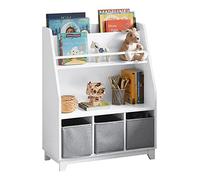 SoBuy Libreria per bambini con vani portaoggetti e 3 scatole Scaffale per giocattoli Scaffale per bambini Organizzatore di giocattoli Bianco 63x28x80 cm, KMB34-W