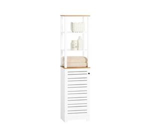 SoBuy Mobile Bagno Alto e Stretto Salvaspazio con Ripiani Aperti | 160x40x30cm Colonna Bagno da Terra in MDF con Anta a Doghe Armadietto Moderno per WC o Lavanderia Bianco/Naturale, BZR43-W