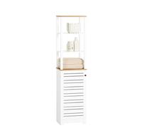 SoBuy Mobile Bagno Alto e Stretto Salvaspazio con Ripiani Aperti e Anta a Doghe - Colonna Bagno da Terra in MDF, Armadietto Moderno per WC o Lavanderia - Bianco/Naturale, 160x40x30 cm, BZR43-W