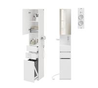 SoBuy Mobile Bagno Colonna Bagno con Specchio & Presa 30x30x180 cm | Mobiletto Bagno Salvaspazio con Cesto Lavanderia, Cassetti & Supporto Phon, Bianco, BZR240-E-W