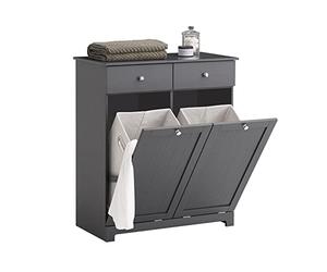 SoBuy Mobile bagno con portabiancheria - Mobiletto bagno salvaspazio con 2 cassetti e 2 sacchi estraibili - Mobile lavanderia per ingresso o cucina in MDF, Grigio, 78x38x90cm, BZR33-II-DG