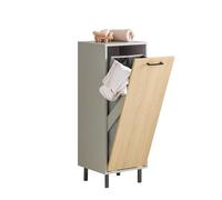 SoBuy Mobile Bagno con Sacco Portabiancheria a Ribalta - Mobiletto Bagno Stretto con Gambe in Metallo & Cesto Portabiancheria - Cesta per la Biancheria, Grigio Naturale, 31,5x86x30cm BZR132-NG