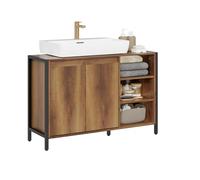 SoBuy Mobile Bagno Sottolavabo 90cm, Mobiletto Bagno Sottolavabo con Intaglio per Sifone, Mobile Salvaspazio con Ante e Ripiani A Giorno, Armadietto Stile Industriale in Legno e Metallo BZR63-L-PF