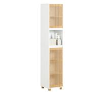 SoBuy Mobile Colonna Bagno Salvaspazio Alto e Stretto con Ante in Bambù | 33x165x33cm Mobiletto Bagno in MDF Bianco Naturale, BZR127-W