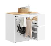 SoBuy Mobile Lavatrice con 2 Cassetti per Lavanderia Bagno, 100x60x95 cm | Armadio Salvaspazio, Mobile Sopra Lavatrice Coprilavatrice con Cesto & Stendibiancheria Estratibile, Bianco e Legno BZR223-WN