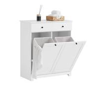 SoBuy Mobiletto bagno con portabiancheria - Mobile bagno salvaspazio con 2 cassetti e 2 sacchi estraibili - Mobiletto lavanderia per ingresso o cucina in Legna, Bianco, 78 x 38 x 90 cm, BZR33-II-W