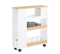 SoBuy Mobiletto Bagno Salvaspazio con Ruote Colonna Stretto 3 Ripiani con Uscita Carta, Scomparto Porta Scopino Armadietto Lavanderia per WC Bianco Legno 60x20x71cm BZR190-WN