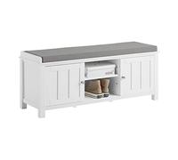 SoBuy Mobiletto basso ingresso Panca contenitore,con 2 armadietti e cuscino,L105cm FSR35-W, Legno, Bianco