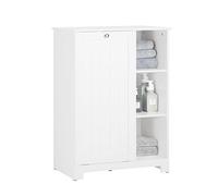 SoBuy Mobiletto da Bagno con Sacco per Biancheria - Mobile con Cesto a Ribalta e 3 Ripiani - Mobile Salvaspazio, Arredo Bagno in Legno per Spazi Ridotti, Bianco, 60x86x37cm, BZR105-W