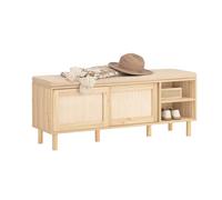 SoBuy Panca Scarpiera Ingresso con Seduta - Scarpiera con Cuscino Beige, 2 Ante Scorrevoli, Porta Scarpe in Legno MDF 230kg per Corridoio e Casa, 121x35x49cm FSR163-N