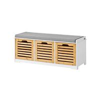 SoBuy Panca Scarpiera Ingresso con Seduta - Scarpiera Salvaspazio con Contenitore, Cassapanca Porta Scarpe Slim per Corridoio o Camera, Bianco e Legno, 105x35x43cm, Portata 120kg - FSR23-WN