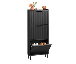 SoBuy Scarpiera Salvaspazio Nera Profondità 19cm 3 Ante a Ribalta | Perfetta per Ingressi e Corridoi, Componibile, Nasconde 6 Paia Scarpe, Accesso Comodo Senza Chinarsi, Salvaspazio Verticale