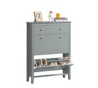 SoBuy Scarpiera Salvaspazio Slim Ingresso con 2 Ribalte e Cassetto - Mobile Scarpiera Grigio Moderna per Corridoio Stretto, MDF E1, 80x25x108cm, FSR89-HG