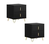 SoBuy set di 2 Comodino camera da letto con 2 cassetti e gambe in metallo dorato, tavolino da letto moderno per camera e soggiorno, Nero, 40x40x47 cm, FBT115-SCHx2