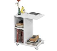 SoBuy Tavolino da divano C-funzionale con 2 ripiani di stoccaggio e supporto per tablet, Tavolino moderno su ruote, Bianco FBT48-W