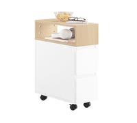 SoBuy Tavolino Stretto con Rotelle e 2 Cassetti - Tavolino da Notte Multifunzionale per Camera da Letto/Soggiorno, Mobile con Rotelle Bianco/Naturale 50x20x61cm FBT155-WN