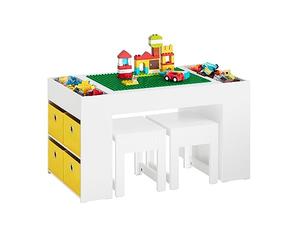 SoBuy Tavolo multifunzionale per bambini con 2 sgabelli e 8 contenitori Set tavolo e sedie per cameretta bambini Tavolo da gioco con spazio di archiviazione Bianco 87x50x50 cm KMB75-W