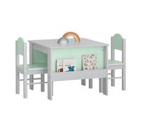 SoBuy Tavolo per bambini con 2 sedie, Set tavolo e 2 Sedie per Bambini, Scrivania per Bambini con 2 Ripiani Laterali per Libri Grigio Chiaro e Verde, KMB88-HG