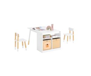 SoBuy Tavolo per bambini con 2 sgabelli Set mobili per bambini Tavolo con spazio di archiviazione Bianco 90x60x53cm KMB113-W