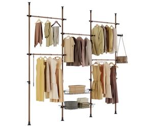 SoBuy Telescopic Appendiabiti da Terra, Robusto Stand Appendiabiti con Aste e Ripiani, Armadio Aperto Regolabile per Camera da Letto, Porta Abiti Marrone KLS04-II-BR
