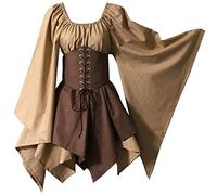 SocalmDown Abito medievale da donna gotico a vita alta costumi rinascimentali donne irlandesi over e Chemise Cosplay Boho Set (Khaki+kaki scuro, L)