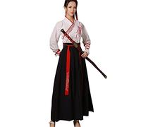 SocalmDown Costume cinese da donna a maniche lunghe ricamo Hanfu Top a vita alta gonna swing vestito, antico stage performance (bianco+nero, XL)