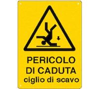Social Crazy - Cartello Segnaletico Giallo 30x42 cm in Forex e Alluminio - Pericolo di Caduta Ciglio di Scavo - Montaggio a Parete