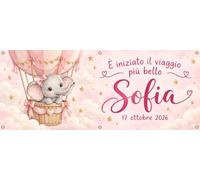 Social Crazy Striscione Nascita Bambina Elefantino Personalizzato, Modello 2, Banner, 200x50 cm