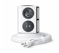 Socket Tower Power Strip 6 Socket Multiple Socket with 4 USB-A 2500W/10A 2 Metre Extension Cable Surge Protection Overload Protection for Office Home Table Gaming