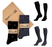 SockTailor Calze Uomo Lunghe in Caldo Cotone, Fantasie Eleganti e Divertenti Semi Carte, Calze Uomo Invernali, Calzini Uomo Lunghi 41 46, Made in Italy, 2 Paia Grigio Nero, Pacchetto Ecologico