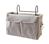 Socobeta Borsa da Appendere Al Comodino, Organizer Tascabile Sul Comodino in Cotone e Lino con Tasche su Staffa in Metallo per la Guida della Testiera del Dormitorio del Letto a C (Grigio)