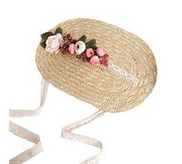 sodeber Cappello di paglia con nastro in pizzo dolce e pizzo, per donne e ragazze, stile pastorale, piatto, da spiaggia