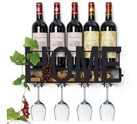 SODUKU - Portabottiglie da parete in metallo, per bottiglie di vino, con 4 supporti per bicchieri a stelo lungo e scomparto per i tappi in sughero