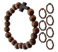 SOESFOUFU Braccialetto con croce e perline da 8 pezzi, braccialetto con perline in legno naturale, elastico cristiano per la preghiera e la devozione religiosa.