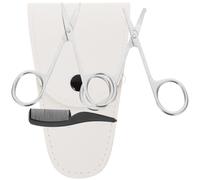 SOESFOUFU Set Forbici Barba Uomo in Acciaio Inox 4 Pezzi Punta Appuntita e Arrotondata, Custodia in Pelle Bianca e Pettine Piccolo, Kit Professionale per Cura Barba, Leva Peli Naso