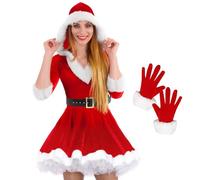 SOETDERT Costume da donna di natale da donna, costume di Babbo Natale, vestito da donna, abito di Natale a vita alta con cintura, guanti, costume di Babbo Natale, costume da donna, vestito rosso per