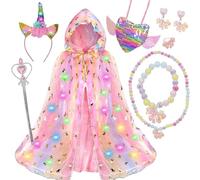 SOETDERT Mantello Principessa Bambina, Unicorno Mantello Vestito Principessa Bambina con Cerchietto Unicorno, Bacchetta Magica, Cape con LED e Paillettes, Costume per Halloween Cosplay Party