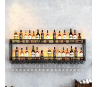 SOFACHEN Portabottiglie da parete in metallo resistente con luce LED integrata, mensola murale industriale per vino, cantinetta moderna per cucina, soggiorno o bar domestico(Black,80 * 25 * 54cm)
