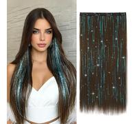 Sofeiyan Extension Capelli a Clip,50 cm Marrone Scuro Extension Capelli Lisci con Blu Cielo Tinsel Capelli,Posticci Colorati Monopezzo per Tutta la Testa,Posticci Sintetici per Donne Quotidiano Feste