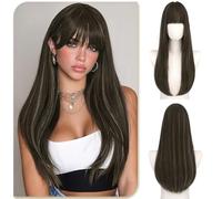 Sofeiyan Marrone Scuro con Riflessi Bianchi Parrucca con Frangia,60 cm Parrucca Lunga e Liscia da,Parruccas da Donna Dallo Stile Elegante in Fibra Sintetica Resistente al Calore,per gli Quotidiani