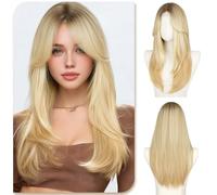 Sofeiyan Parrucca con Frangia,55 cm Biondo Caldo con Radici Scure Parrucca Lunga e Liscia da,Parruccas da Donna Dallo Stile Elegante in Fibra Sintetica Resistente al Calore,per gli Quotidiani